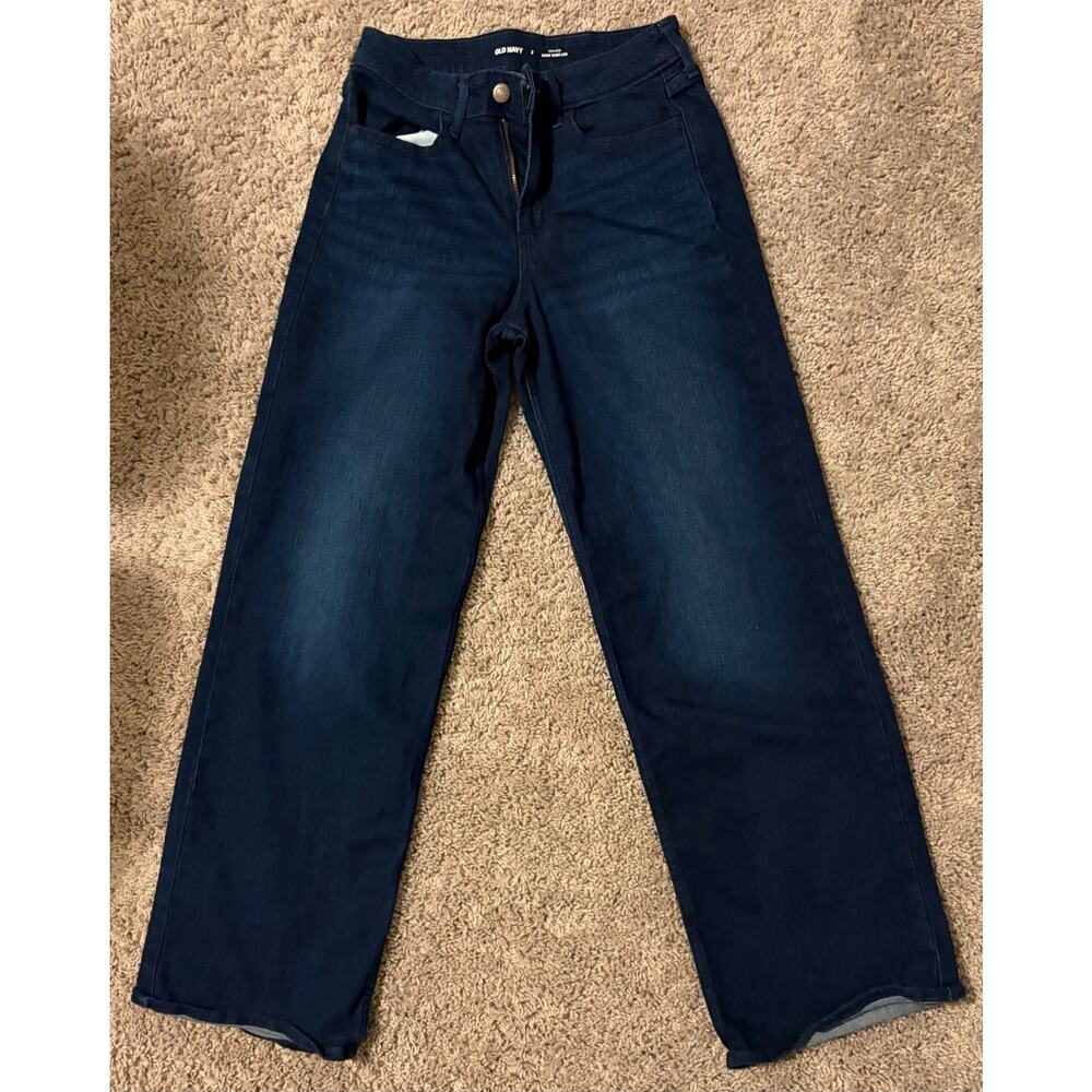 Old Navy High-Rise Wow Wide Leg Jeans Womens Dark Wash Denim Classic Zip Fly - 2
